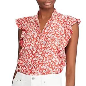 Lauren Ralph Lauren Crepe Flutter Sleeve Floral Button Front Top Medium EUC
